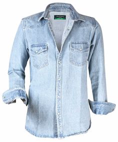 Men's Jean Shirt, Soft Pure Cotton Slim Fit Lightweight Western Denim Jacket Dress Shirt, Casual Attire For Men,  Long Sleeves Shacket ** PLEASE CHECK THE SIZE CHART BEFORE ORDERING. THESE ARE SLIM-FIT SHIRTS. THESE ARE NON RETURNABLE SHIRTS ** - Style: Denim Shacket Jacket Shirt - Could be used as a shirt & jacket - 2 functional chest pockets with flaps - Heavy duty : weighs 600-700 gms - Denim faded washed - soft feeling fabric - Long sleeves with snap buttons in cuffs - Easy to open & close - Snap buttons High quality make, hand stitched individually These are western style shirts, Bringing back the era and fashion. Very popular amongst the denim lovers, Pair it with a t-shirt or shirt on a jacket and you are off to set the trends! * The shirts are made in our family run workshop. Every Blue Denim Top, Shacket Outfit, Denim Shacket, Denim Shirt Jacket, Western Style Shirt, Denim Jacket With Dress, Denim Shirt Men, Slim Fit Jackets, Jacket Shirt