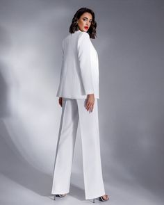 Formal White 3-piece Suit for Women , Elopement Pantsuit for Bride, Tall Women Blazer Trouser Suit - Etsy Albania Elegant Tailored Wide-leg Pants Sets, Chic High-waisted Evening Suits, Chic Evening Suits With High-waisted Pants, Elegant Evening Suits With High-waisted Pants, Elegant Evening Pantsuit With Trousers, Elegant Tailored White Wide Leg Pants, Elegant Fitted Wide Leg Pants With Structured Boning, Elegant Formal Pantsuit With High-waisted Pants, Elegant High-waisted Wedding Pants