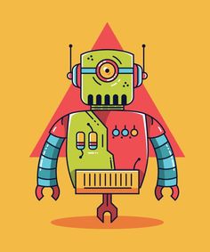 a green robot standing in front of a red and yellow triangle on a yellow background