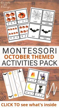 the montessori october themed activities pack is shown with text that reads, click to see what's inside