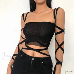 Solid Color Fashion Bandage Crop Top with Stylish Cutout Design Black Bandage Top For Spring, Spring Bandage Black Top, Black Bandage Crop Top For Spring, Fitted Bandage Strappy Top, Cross-tied Strappy Party Tops, Party Tops: Strappy Cross-tied, Strappy Cross-tied Party Tops, Black Cross-tied Top For Spring, Black Cross-tied Top For Summer