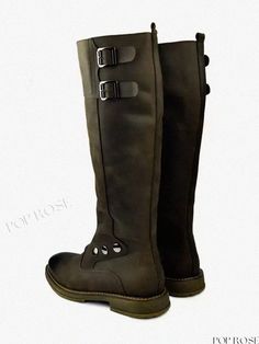 Poprose - Comfort-Focused Boots Reaching Up to the Knee Outdoor Boots With Buckle Closure And Round Toe, Wide Calf Flat Heel Boots With Buckle Closure, Wide Calf Boots With Round Toe For Outdoor, Olivia Mark, The Knee, Boots