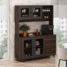 a kitchen area with a counter, cabinet and window in the back drop off from the wall