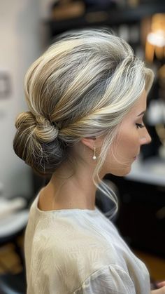 19 Elegant Updos for Older Women: Timeless Styles for Every Occasion | Lookosm Grandma Updo Wedding, Grandma Hairstyles For Wedding, Mom Updos For Wedding, Low Bun Wedding Updo, Updo For Round Face Shape, Wedding Hairstyles Updo Elegant, Mid Length Updo, Mother Of The Groom Updos, Updos For Straight Hair