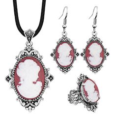 PRICES MAY VARY. Classic Design For The Whole Set: the same design for the whole women cameo sets: including red lady cameo pendant necklace,lady cameo earring,lady queen cameo rings. Face To Face Earring Cameo Bead: special face to face cameo earring bead,the same cameo face direction when wear the cameo earring. Real thick silver plated craft: this retro lady cameo jewelry set was plated by real thick silver,special top plating craft for amazon,harmless zinc alloy inside with no allergic probl Jewerly Set, Purple Lady, Cameo Earrings, Face Earrings, Cameo Jewelry, Women's Jewelry Sets, Cameo Necklace, Fashion Jewelry Sets, Silver Plated Jewelry