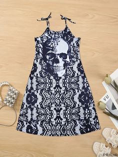 Peilia - Stylish Plus Size Gothic Summer Maxi Dress - Womens Skull & Floral Print Cami Dress with Medium Stretch and Round Neckline White Gothic Summer Dress, Black Halloween Beach Dresses, Sleeveless Skull Print Party Dress, Black Skull Print Dress For Party, Black Skull Print Dress For Summer, Summer Black Dress With Skull Print, Black Skull Print Summer Dress, Casual Skull Print Dresses For Spring, Casual Skull Print Spring Dresses