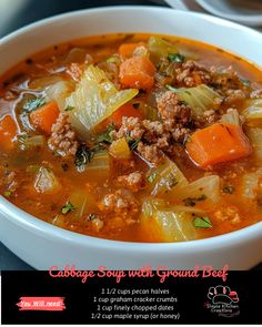 cabbage soup with ground beef in a white bowl