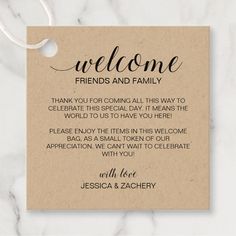 a sign that says welcome friends and family on the front of a brown paper card