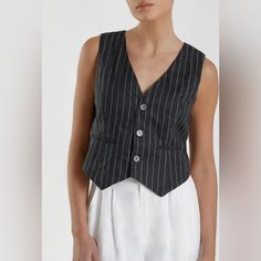 Dissh Black Pinstripe Vest Size 10 Us New With Tags Fitted Black Top With Vertical Stripes, Elegant Black Top With Vertical Stripes, Pinstripe Vest, Size 10, Womens Tops, Tags, 10 Things, Women Shopping, Color