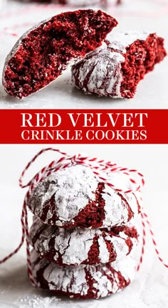 red velvet crinkle cookies are stacked on top of each other and the words, red velvet crinkle cookies