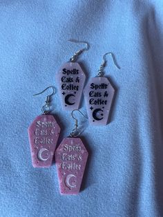 -coffin shaped earrings with text. my items are handmade so there may be small flaws ~all items can be remade in different colours x Coffee Earrings, Coffin Earrings, Cats Coffee, Funky Earrings, Flaws And All, Funky Jewelry, Earring Ideas, Wedding Jewelry Earrings, Cat Coffee