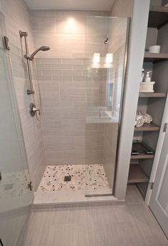 a walk in shower sitting inside of a bathroom