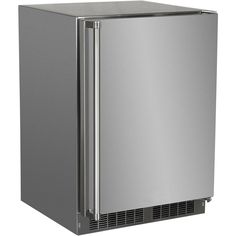 a silver refrigerator freezer sitting on top of a white background with the door open