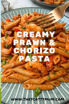 creamy, prawn and chorizo pasta on a plate with a fork