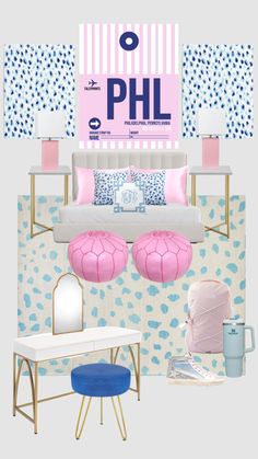 a bedroom with pink, blue and white decor on the walls next to a bed