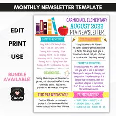 school pto pta AUGUST newsletter template Pta Newsletter Ideas, Pto Newsletter Ideas, Childcare Facility, Pta Newsletter, Newsletter Format, Organization Company, Tie Art, Monthly Newsletter Template, Pta Meeting