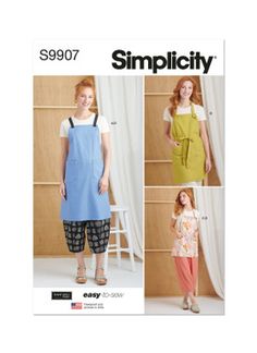 the sewing pattern for an apron dress is shown in three different colors and sizes, including blue