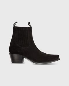 Short Cowboy Boot in Black Suede | Shop Ann Mashburn Fitted Black Chelsea Boots With Pointed Toe, Fitted High Ankle Black Chelsea Boots, Winter Chelsea Boots With Snip Toe, Western Style Chelsea Boots Ankle Boot, Western Style Fitted Chelsea Ankle Boots, Fitted Western Style Chelsea Ankle Boots, Western Style Black Chelsea Boots For Formal Occasions, Fitted Black Chelsea Ankle Boots, Fitted High Ankle Chelsea Boots With Leather Sole