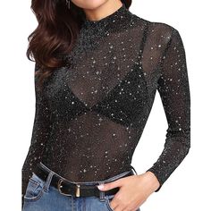 Nwot. Layer This Top With A Bralette For A Night Out! - High Neck - Mesh With Glitter And Stars Glitter Mesh Top, Haut Transparent, Glitter Blouse, Mesh Turtleneck, Slim Blouse, Sheer Mesh Top, Mesh Long Sleeve Top, Mesh Tops, Glitter Top