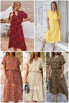 acelimosf™-Polka-dot print short-sleeved midi dress