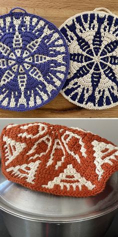 two crocheted coasters sitting on top of a metal pot holder next to each other