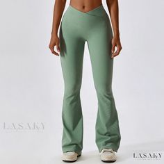 Lasaky - Cross High-Waisted Yoga Flare Pants Dance Fitness Wide Leg Pants Casual Butt-Lifting Workout Palazzo Pants Yoga Flare Pants, Dance Sports, Gym Workouts Women, Flare Legging, Daily Exercise Routines, High Waist Wide Leg Pants, Pants Fabric, Comfortable Leggings, Green Sky