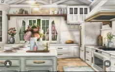 a painting of a kitchen with white cabinets and flowers in vases on the counter