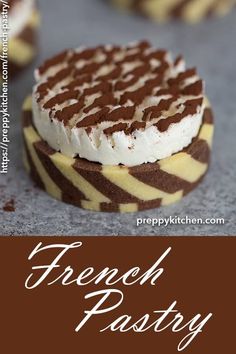 there is a chocolate dessert with white frosting on it and the words french pastry