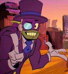 an animated character in a purple suit and top hat with his hands out to the side