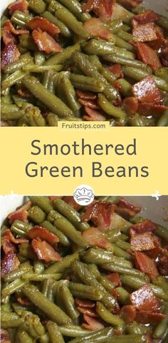 green beans with bacon in a white casserole dish