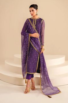 Luxury Purple Art Silk Salwar Kameez, Chiffon Lawn Suit With Sheer Dupatta And Long Sleeves, Long Sleeve Chiffon Lawn Suit With Sheer Dupatta, Luxury Wedding Saree, Formal Georgette Lawn Suit With Sheer Dupatta, Elegant Formal Purple Unstitched Suit, Elegant Purple Unstitched Suit For Formal Occasions, Elegant Chiffon Unstitched Suit For Eid, Chiffon Salwar Kameez With Zari Work And Long Sleeves