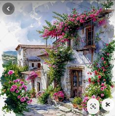 a painting of a house with pink flowers on it