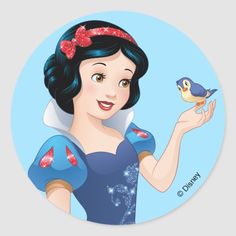 snow white holding a bird in her hand and wearing a red bow on her head