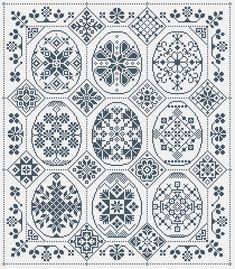 a cross stitch pattern in blue and white, with an intricate design on the side