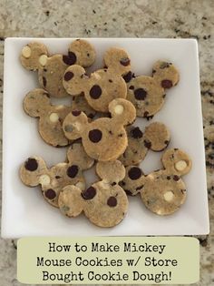 cookies with chocolate chips in the shape of teddy bears are on a white square plate that says, how to make mickey mouse cookies / store bought cookie dough