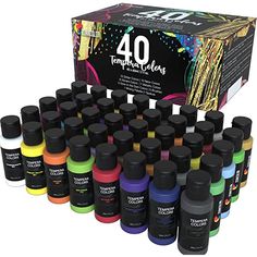 an assortment of 40 different colors of acrylic paint