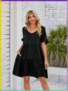 Tiered Dress Pattern, Tiered Dresses, Dress With Ruffle Sleeves, Formal Cocktail Dress, V Neck Midi Dress, Sleeves Clothing, Spring Outfits Women, Flounce Sleeve, Polyester Dress