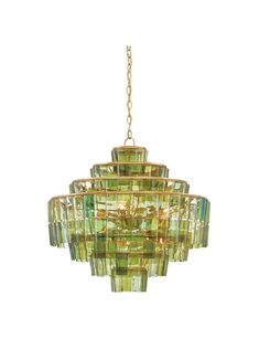 a green chandelier hanging from a gold chain