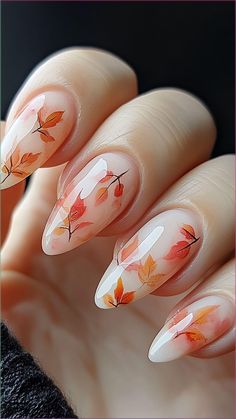 Embrace autumn with these stunning Falling Leaves nail designs, perfect for celebrating the season. The warm hues and delicate leaf patterns add a touch of nature to your manicure. Click to explore these fall-inspired looks and follow us for more nail art ideas! 🍂✨  #FallNails #AutumnNailArt #NailDesigns #SeasonalNails #FallingLeaves Nails Idea For Fall, Pumpkin And Fall Leaves Nails, Pink Leaf Nails, Fall Nails Pumpkin And Leaves, Fall Harvest Nails, Fall Plaid Nail Art, Autumn Theme Nails, Fall Leaves Nails Design, Fall Tree Nail Designs