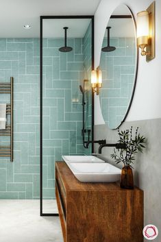 a bathroom with two sinks and a large mirror in the wall above it, along with a towel rack