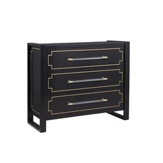 a black dresser with gold trimmings on the top and bottom drawers, against a white background