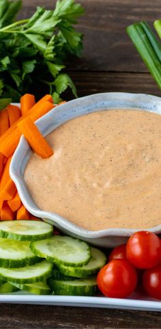 Bowl of bbq ranch with a carrot stick in it and surrounded my cut up veggies. Friends Recipe, Dip For Veggies, Panko Crusted Chicken, Mango Avocado Salsa, Ranch Salad, Potato Fritters, Crispy Shrimp