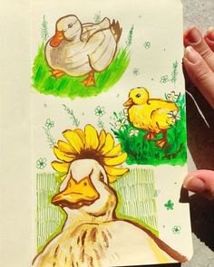 a drawing of ducks and sunflowers in the grass