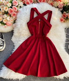 Red Mini-length Backless Evening Dress, Trendy Mini Prom Dress, Red Backless Sleeveless Party Dress, Backless Solid Color Mini Dress For Party, Backless Mini Dress For Party, Red Mini Length Halter Dress For Evening, Elegant Halter Neck Mini Dress In Solid Color, Red Solid Mini Dress For Party, Red Backless Dress For Summer Prom