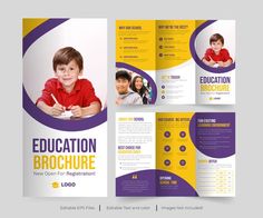 a purple and yellow brochure with two children in the center, on top of it