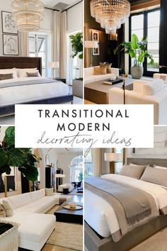 a collage of photos with the words transitional modern decorating ideas