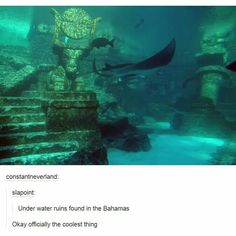 an underwater scene with stairs and sharks in the water, as well as text that reads constant riverland slappoint under water ruins in the batmans