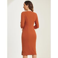 The formal pencil dress goes great with any body shape, comes in a wide range of sizes, and looks just great on you whenever and wherever you decide to wear it. Pair it with high heels and a handbag for an elegant and urban chic lady outfit. The women's bodycon dress is elegant and professional, showing your unique personal charm and producing a slimming visual effect. Elegant Brown Sheath Bodycon Dress, Fitted Orange Midi Dress For Work, Elegant Fitted Brown Bodycon Dress, Knee-length Brown Bodycon Dress For Work, Formal Orange Long Sleeve Midi Dress, Orange Long Sleeve Formal Midi Dress, Elegant Brown Fitted Bodycon Dress, Elegant Brown Midi Bodycon Dress, Brown Knee-length Bodycon Dress For Work