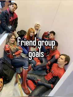 a group of people sitting next to each other with the caption friend group goals