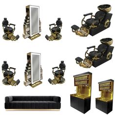 an assortment of black and gold salon furniture